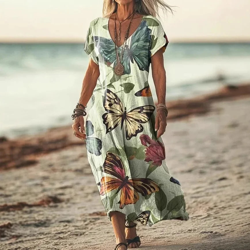 Isola - Lange Jurk met Natuurlijke Prints en Luchtige Pasvorm