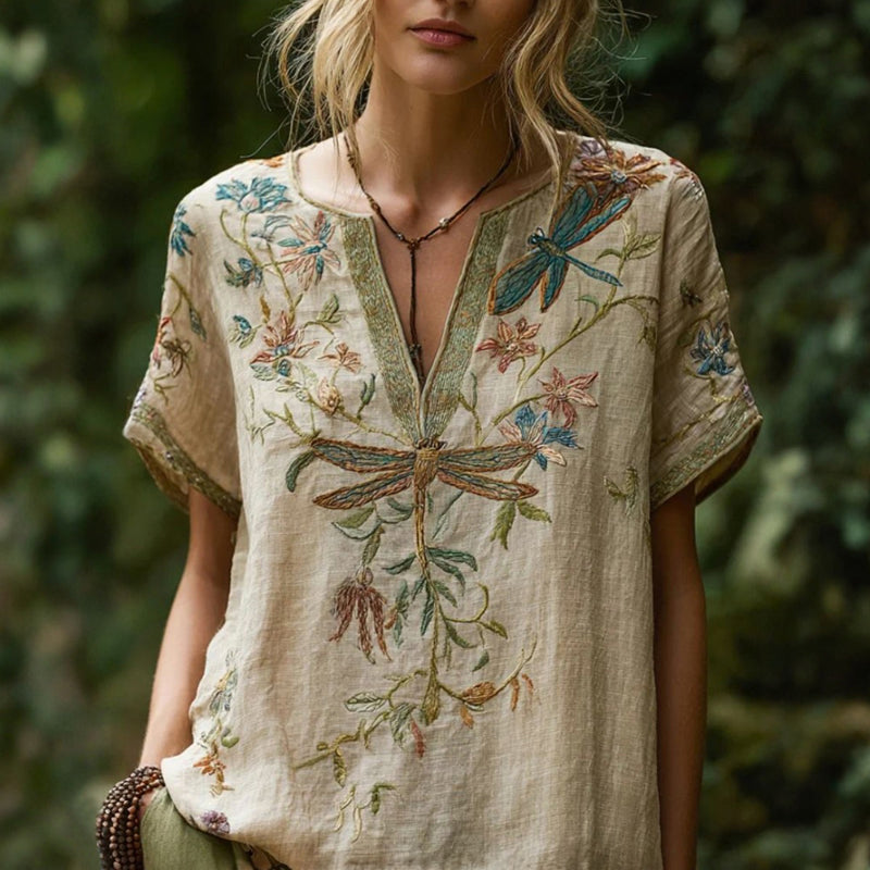 Bertille | Vintage Top met Libellen- en Bloemendetails