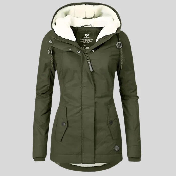 Élodie | Veste longue à capuche avec doublure en fausse fourrure