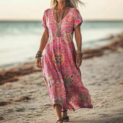 Isola - Lange Jurk met Natuurlijke Prints en Luchtige Pasvorm