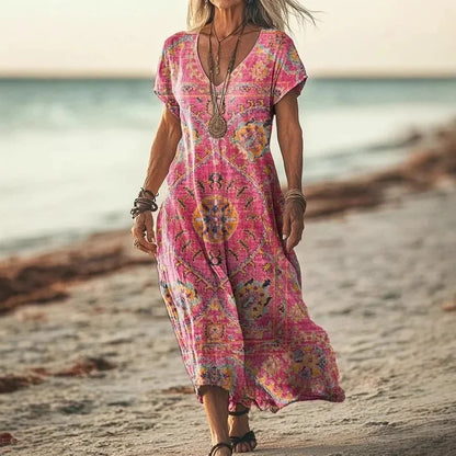 Isola - Lange Jurk met Natuurlijke Prints en Luchtige Pasvorm