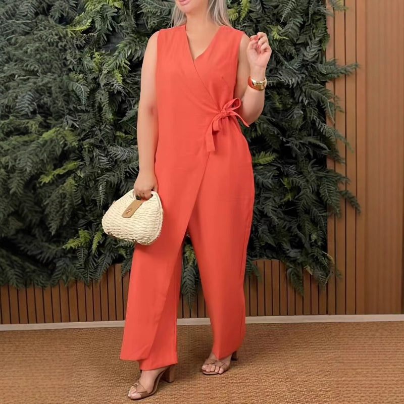 Mirabelle - Casual V-Neck Women's Jumpsuit with Belt