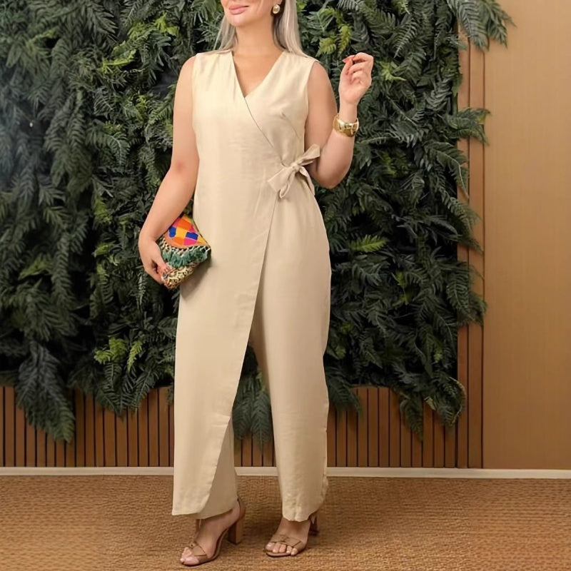 Mirabelle - Casual V-Neck Women's Jumpsuit with Belt