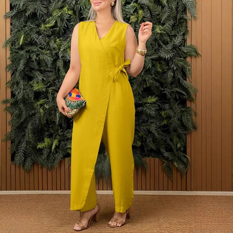 Mirabelle - Casual V-Neck Women's Jumpsuit with Belt